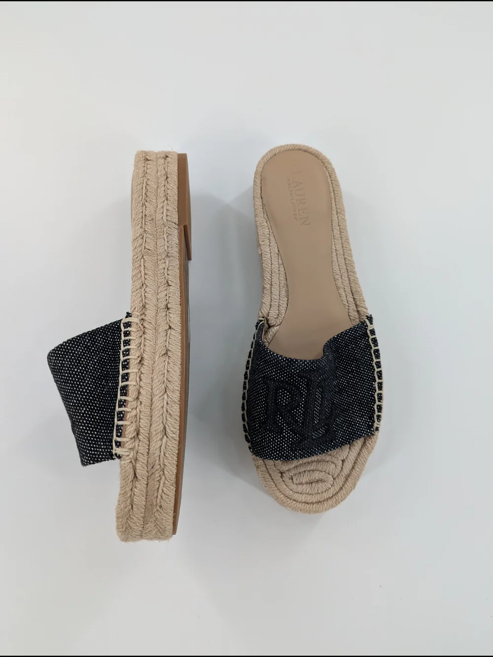 Ralph Lauren Polly Denim Espadrille Slides Blue Monogram Jute Platform Sandals 7
